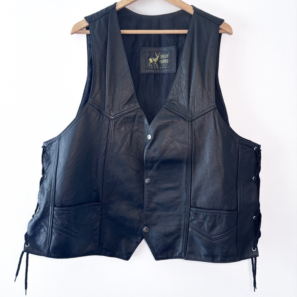 Harley-Davidson Embroidered Eagle Lace Up Black Leather Motorcycle Biker Vest XL - Picture 2 of 6